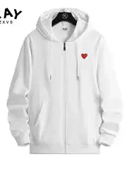 Japanese Streetwear Brand PLAY Hooded Sweatshirt Couple Set, Pullover Hoodie with Black Heart Embroidery, Long Sleeve for Fall/Winter