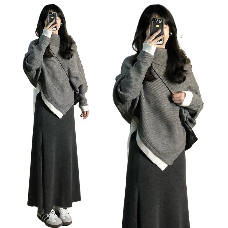 Pregnant Women's Autumn and Winter Wear Irregular Knitted Sweater Suit Dress Women's New Style Sexy Long Skirt