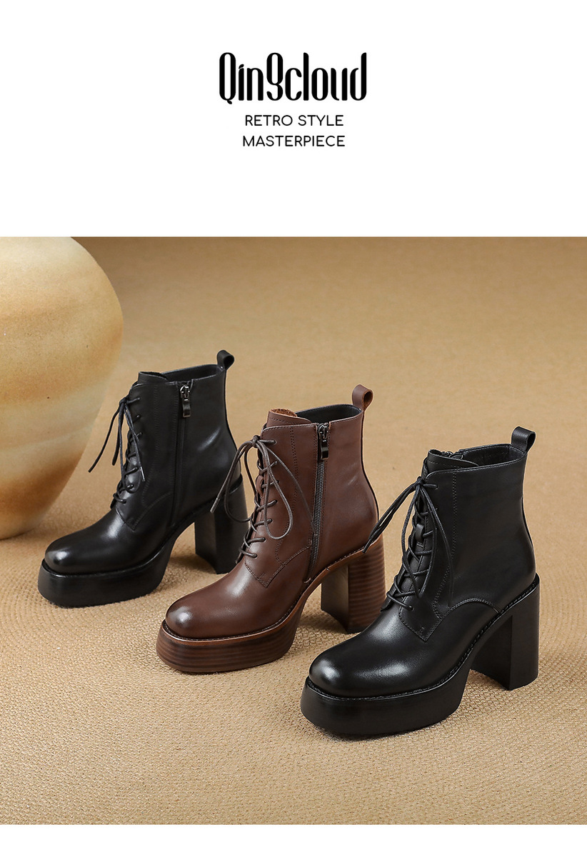 Boot Martin nữ đế dày gót thô buộc dây tăng chiều cao mũi tròn da bò thật — Lớp lót đơn màu nâu, Lớp lót nhung màu nâu, Màu đen một lớp, nhung đen