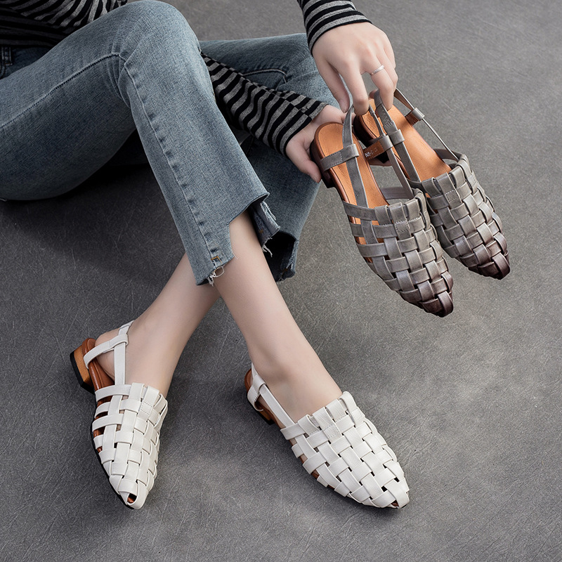 Giày Dép Sandal Nữ Chất Liệu Da Bò Mũi Nhọn Thoáng Khí Hàng Mùa Hè