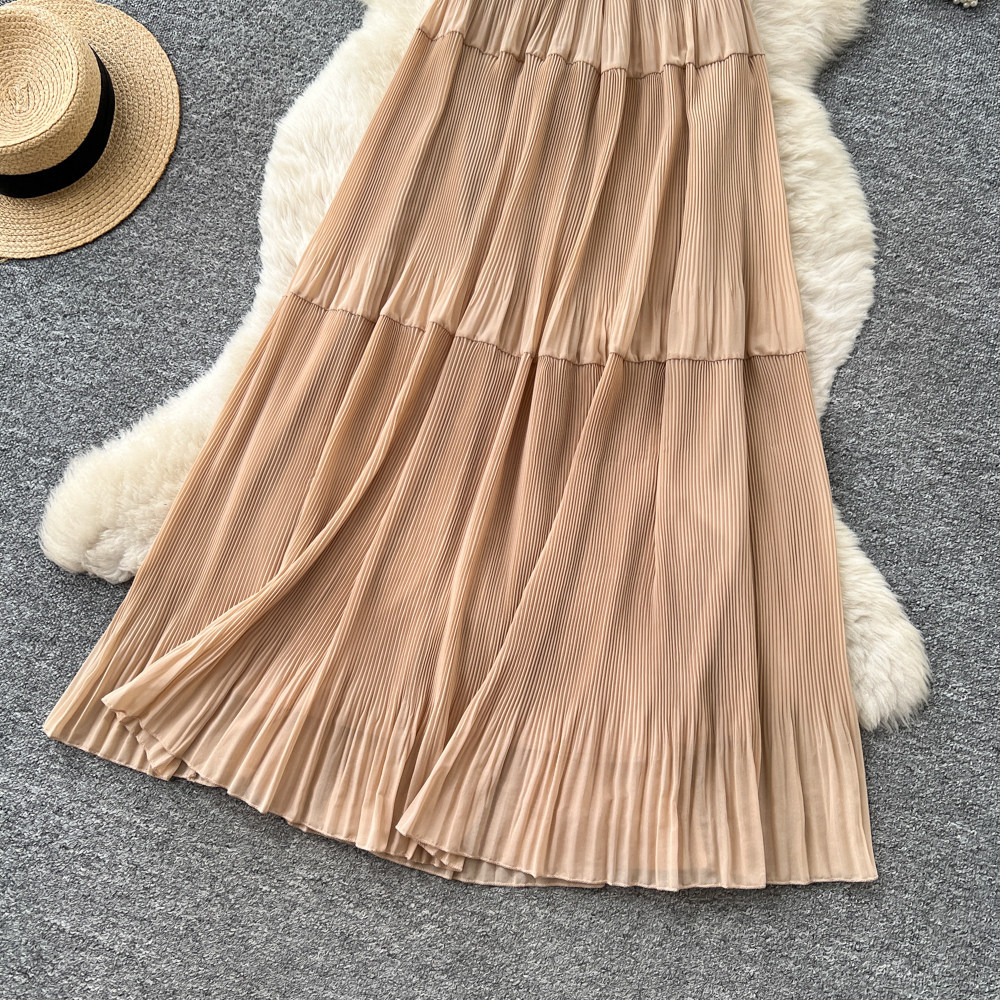 French Style Pleated Maxi Dress for Women Sleeveless Waist Defining Flowy Elegant Summer Vacation Wear Wholesale