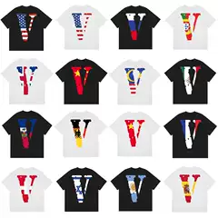 vlone American Style High Street Fashion Brand Summer Casual Flag Big V Printed Loose Round Neck Short Sleeve T-Shirt for Men and Women Couple