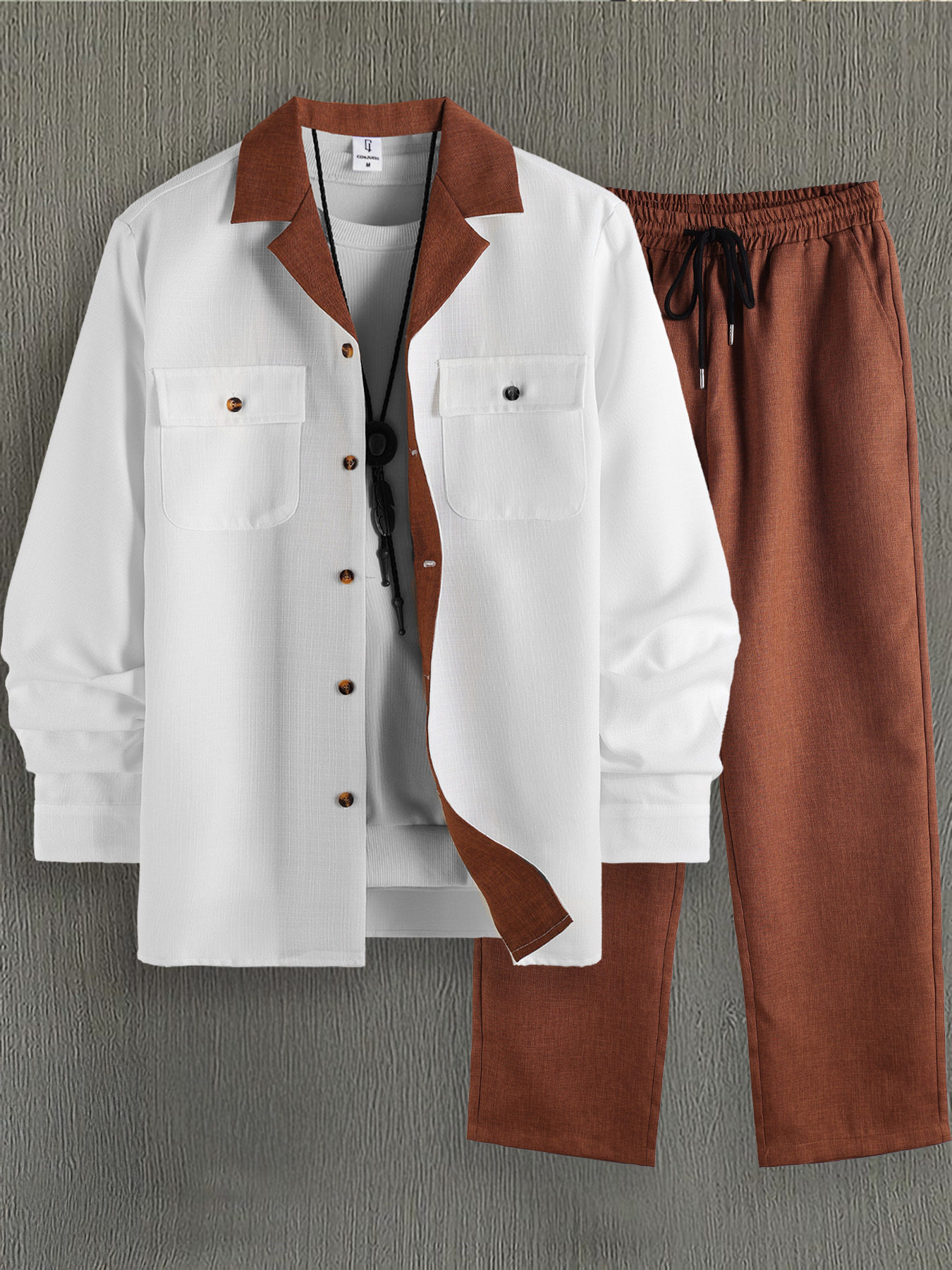 外贸男士春秋套装撞色西装领礼服开扣长袖衬衫长裤休闲两件套批发