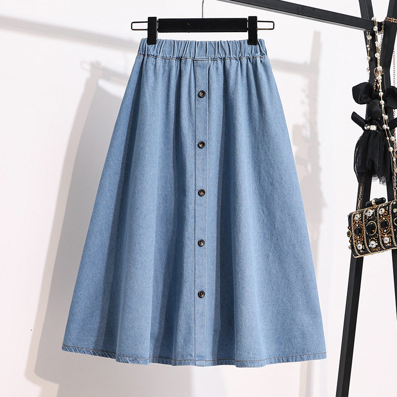 Summer Denim Skirt Button Front Elastic Waist Water Blue Casual Street Style for Students Wholesale Available