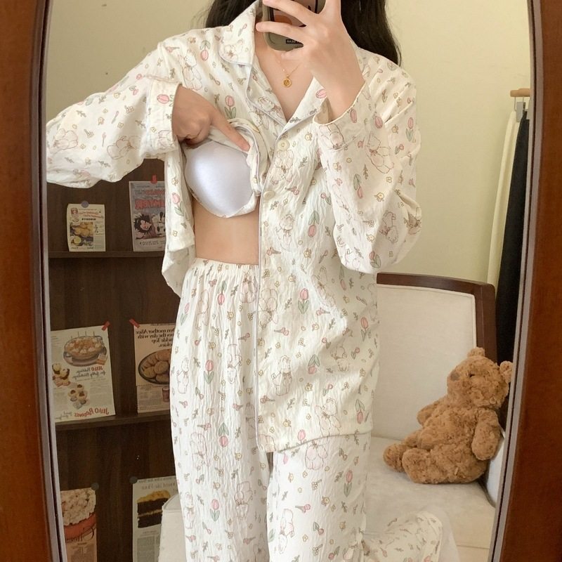 带胸垫大码睡衣女春秋季长袖甜美少女草莓条纹家居服套装现货跨境