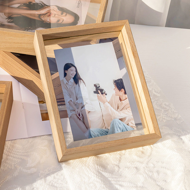 Solid Wood Texture Photo Frame Display Stand 6-Inch 8 Embossed Double-Sided Glass Photo Frame Album Specimen Frame Transparent Solid Wood Photo Frame