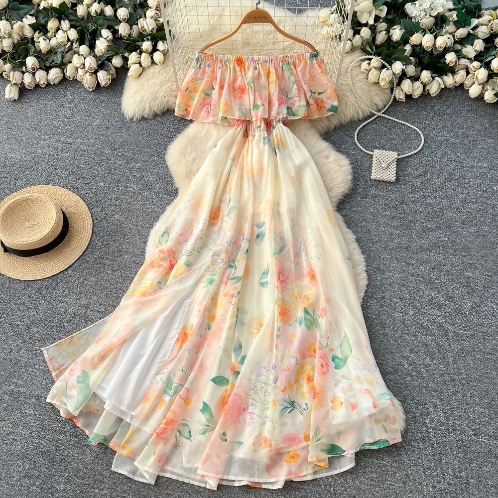 Off Shoulder Ruffle Hem Floral Maxi Dress High Waist Slim Fit Elegant Spring Summer Vacation Style Wholesale