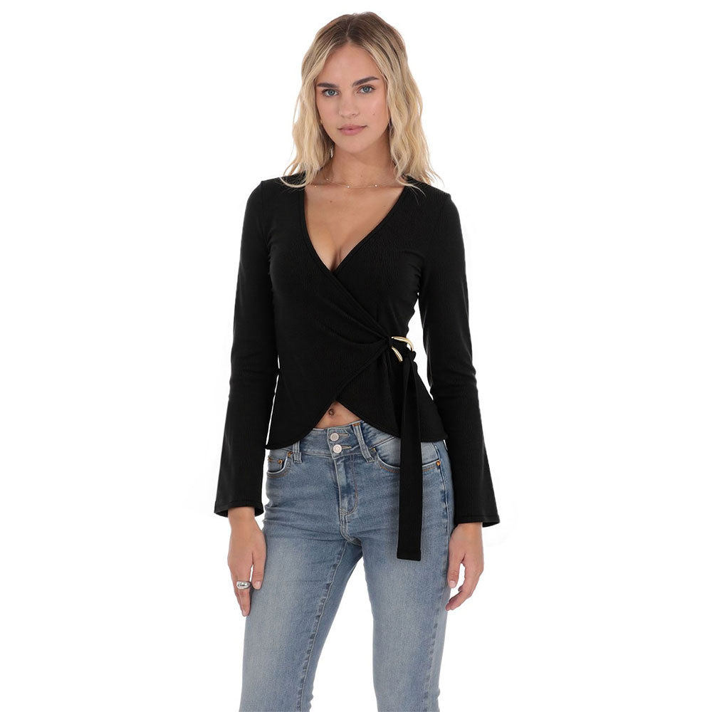 Womens Black V Neck Long Sleeve Knit Top Unique French Design Waist Tie Gold Ring Detail Casual or Chic Occasions
