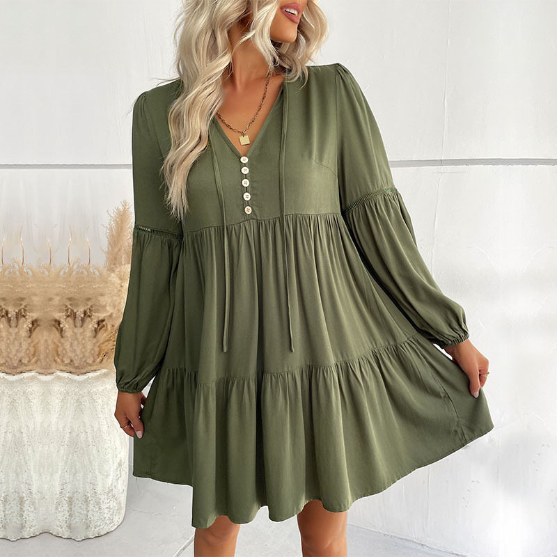 Short Loose V Neck Dress Wrinkled Design Solid Color Minimalist Style Autumn Fashion Wholesale Available