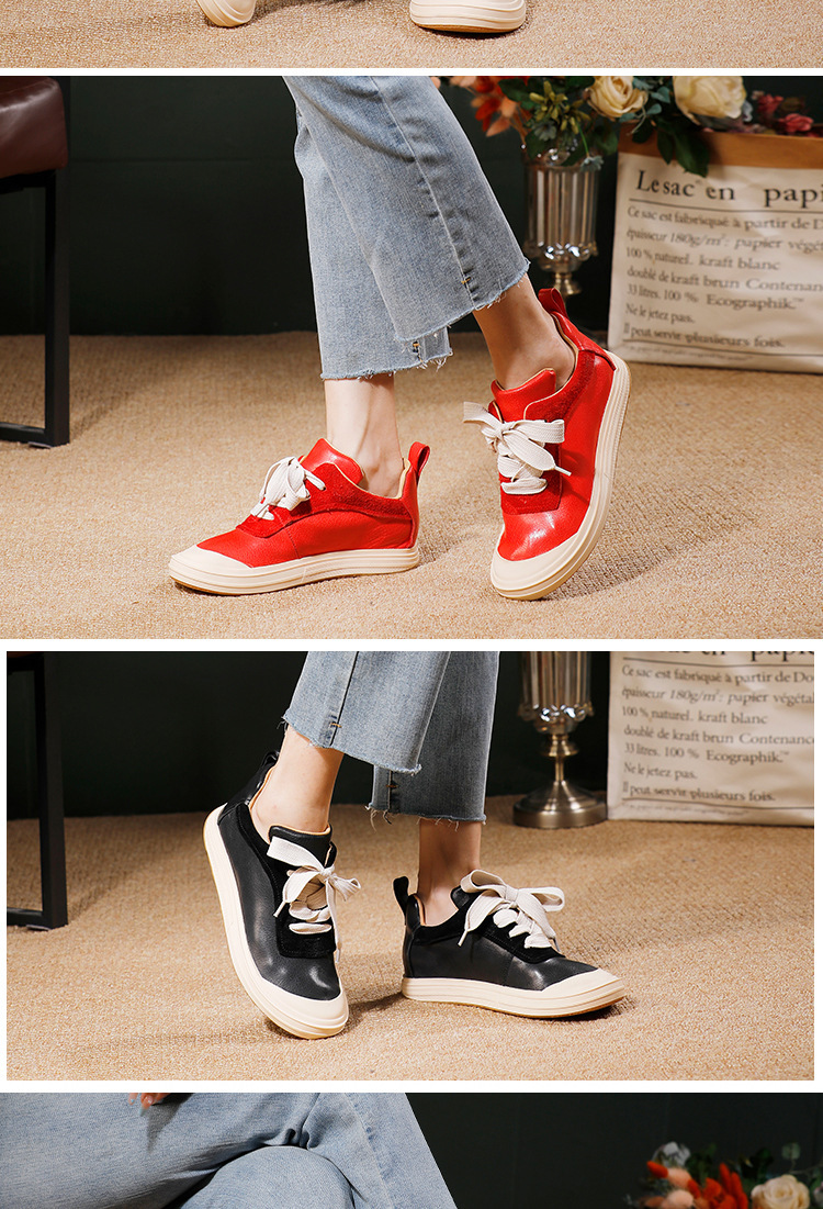 Giày sneaker nữ da bò thật đế bằng dáng thấp thoải mái — đen, màu đỏ