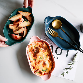 Internet Celebrity Cheese Baked Rice Plate Ceramic Baking Pan Double-Eared Plate Dish Plate Microwave Oven Tableware Household Baking Bowl