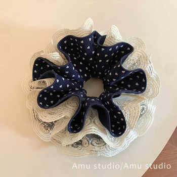 Navy Blue Heart Lace Four-Layer Scrunchie for Women, Korean Style Elegant Bun Hair Tie, Hair Rope, Hair Band, Elastic Band