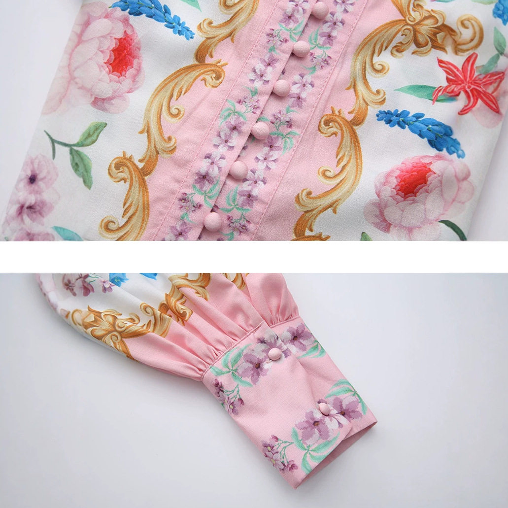 V Neck Lantern Sleeve Floral Print Dress Slim Fit A Line Silhouette Spring Summer Style Perfect for Office Wear