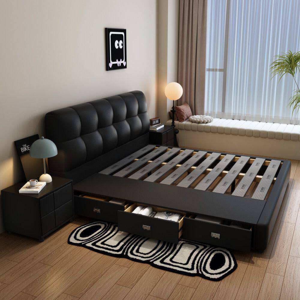 Italian Minimalist Leather Bed Master Bedroom Modern Simple 1.5 Small Apartment Wedding Bed Black Soft Storage Bed Double