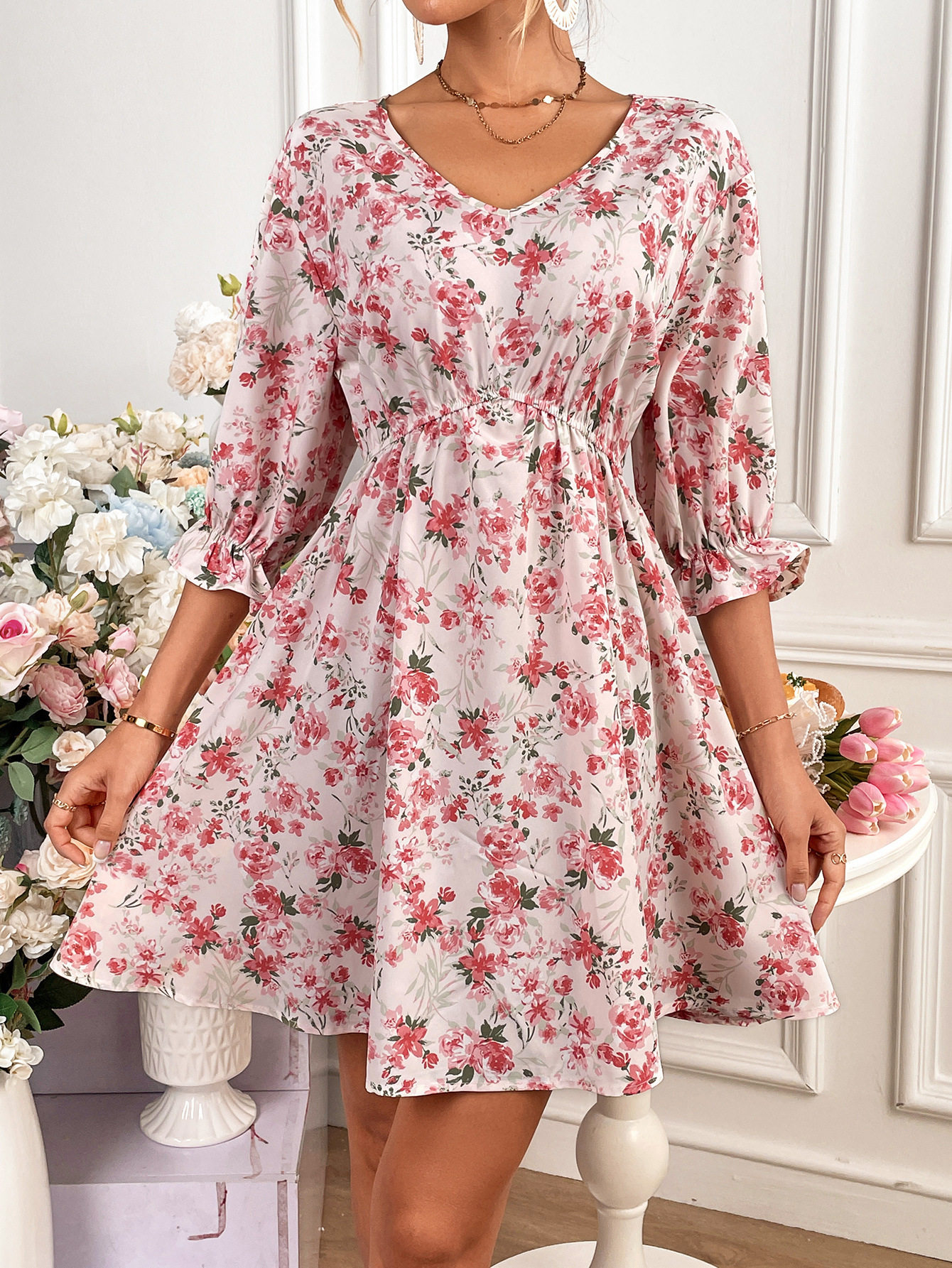 Floral Print Womens Dress Spring Ruffled Trim Tie Waist Color Block Design Casual Wear Wholesale Available