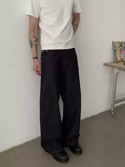 American Retro Original Color Paris Button Straight-Leg Jeans for Men, Clean Fit, Washed, Loose Wide-Leg Floor-Length Pants
