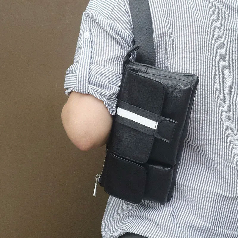 Túi bao tử nam da bò thật đeo bụng và đeo chéo ngực phong cách tối giản — Màu đen