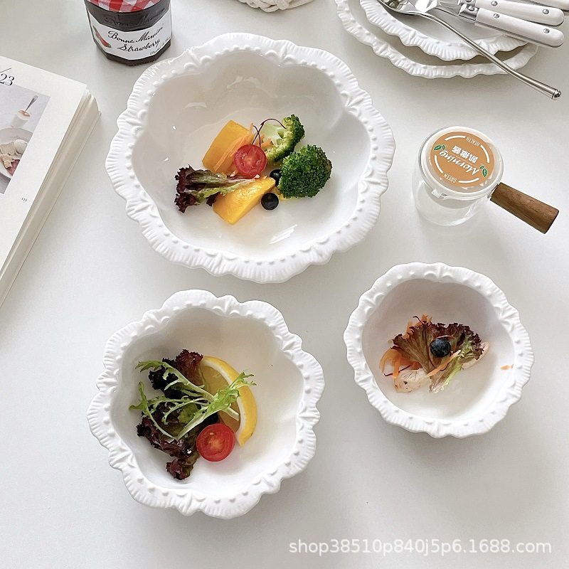 Ins French Embossed Lace Special-Shaped Salad Bowl Pure White Ceramic Soup Bowl High-End Western Restaurant Vegetable and Fruit Bowl