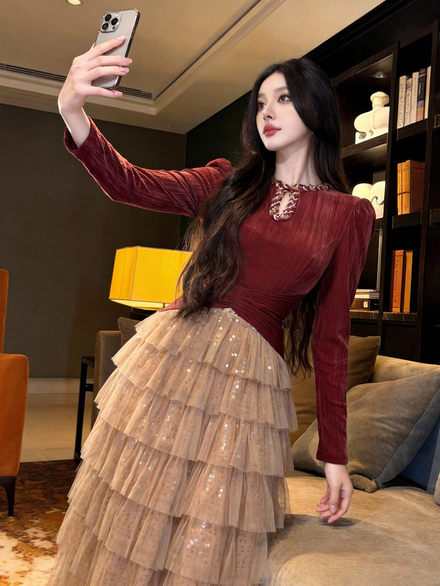 Đầm voan lưới nữ cổ tròn chiết eo khoét lỗ dáng tầng — Màu nâu cà phê