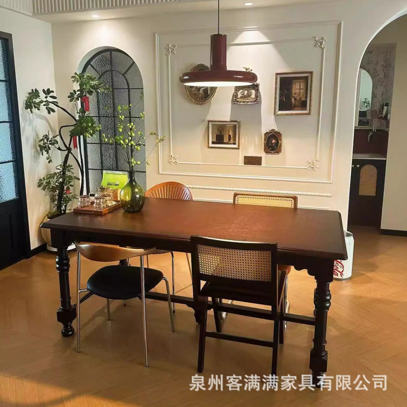 法式实木餐桌家用小户型中古风饭桌黑色桌子侘寂风美式乡村别墅桌