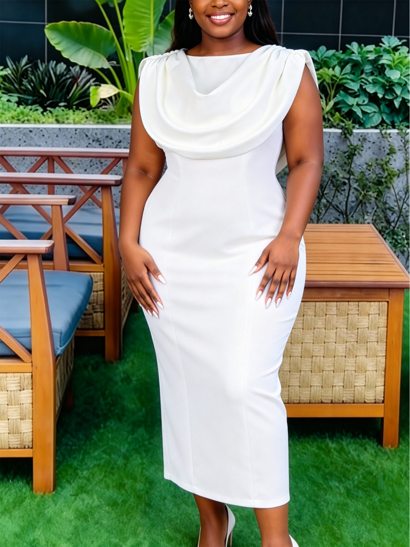 women's white stacked collar hip-hugging dress Sleeveless swing collar waist light luxury slim dress mid-length dress