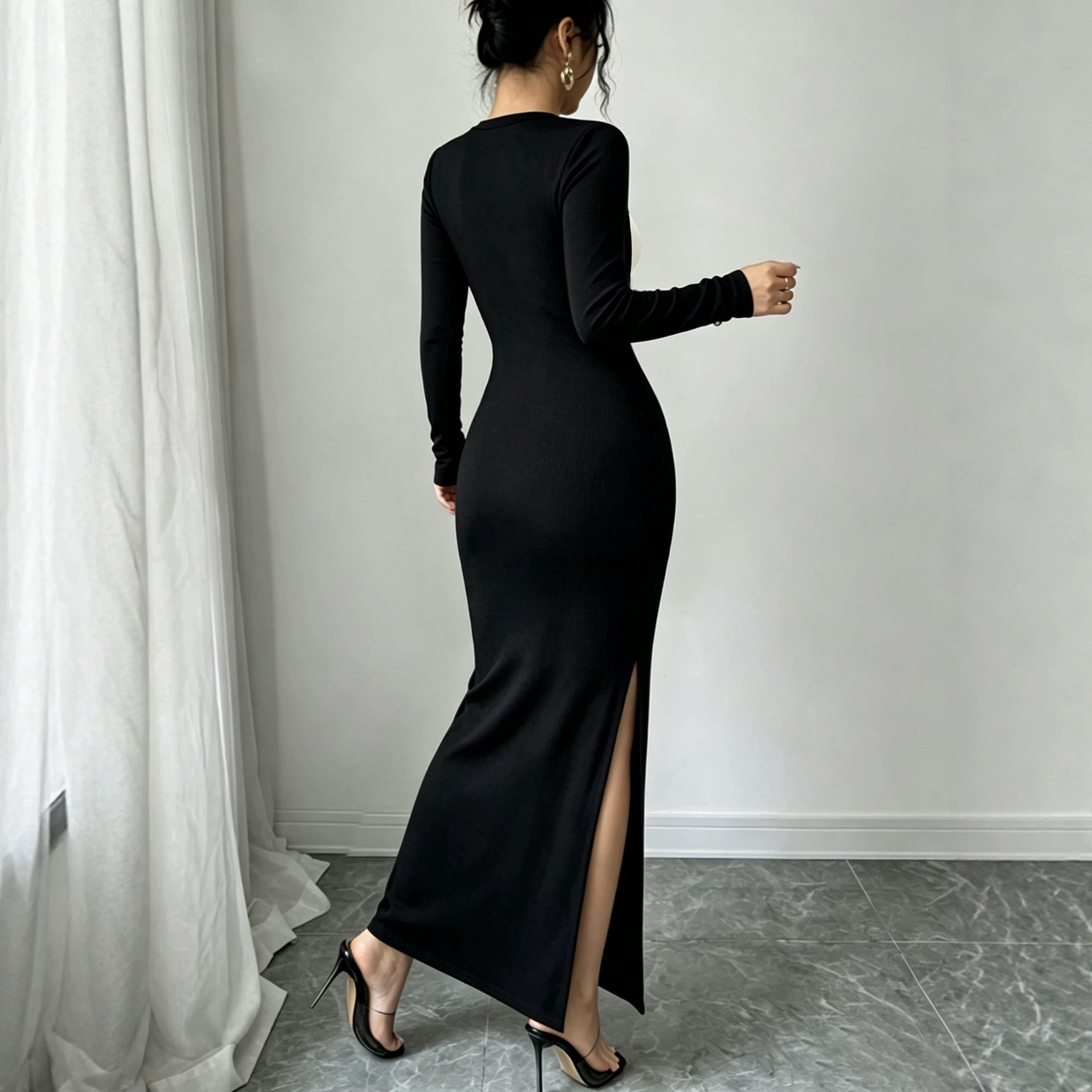 Color Block Square Neck Bodycon Maxi Dress for Women Side Slit Waist Cinching Slim Fit Autumn Winter Fashion