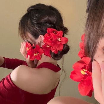 New Year Red Double Orchid Hairpin Women's New Chinese Style Hair Ball Head Side Hairpin Flower Accessories Holiday Atmosphere Hair Accessories