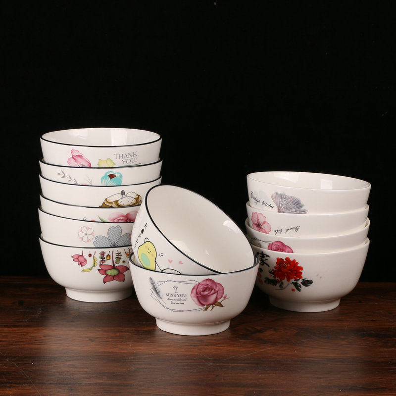 Chinese Style Simple Small Bowl Ceramic Rice Bowl Noodle Bowl Tableware Ceramic Household Printed Salah Bowl Straight Mouth Bowl Soup Bowl