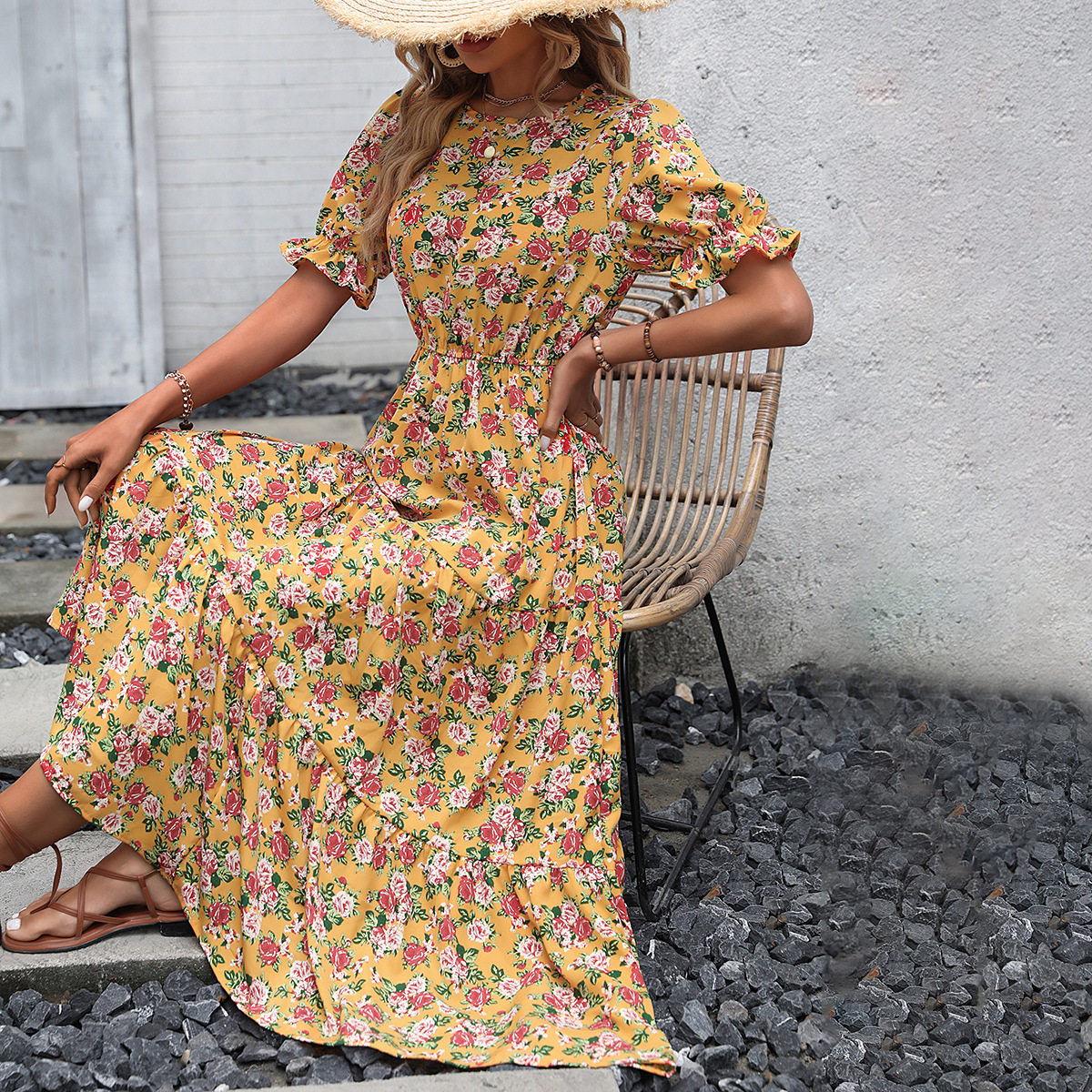 Womens Autumn Pullover Dress Floral Print Backless Loose Fit Casual Wear for Fall Wholesale Available