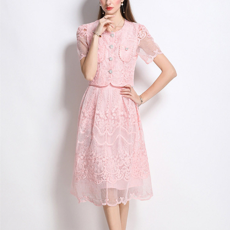 Lace Embroidery Two Piece Set Elegant Top and Midi Skirt Summer Fashion for Petite Women Wholesale Available