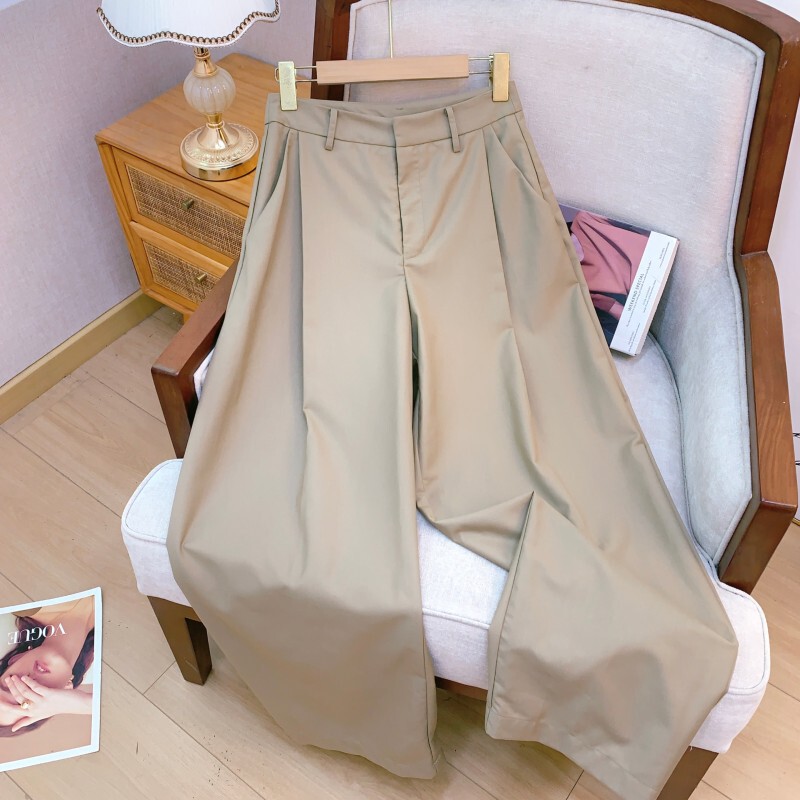 Quần dài nữ ống đứng lưng cao hai ly trước, dáng rộng che khuyết điểm, vải rũ nhẹ — Màu kaki