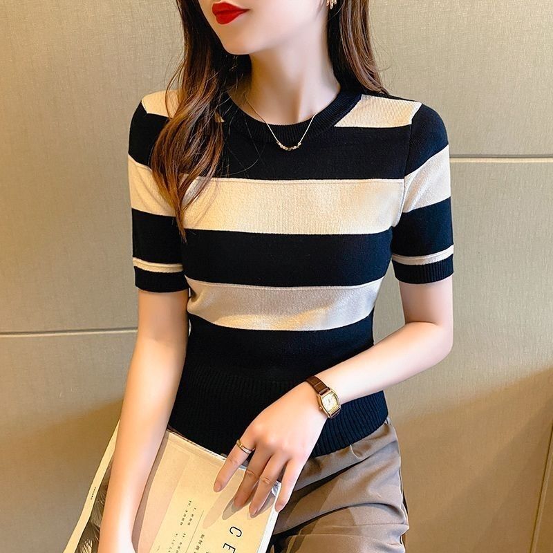 Slim Fit Short Sleeve Knitted T Shirt for Women Ice Silk Fabric Casual Summer Wear Available in Multiple Colors and Sizes