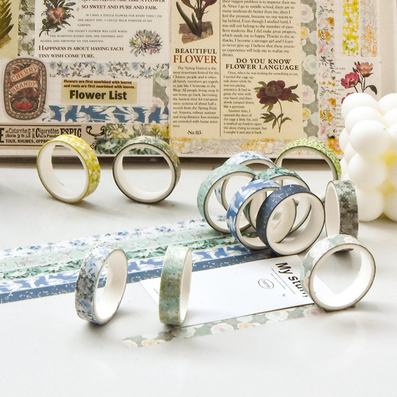 Spring Flowers Romantic Artistic Flowers Fresh Flowers Pastoral Flowers 5 Rolls and Paper Tape Combination Hand Account Material Sticker