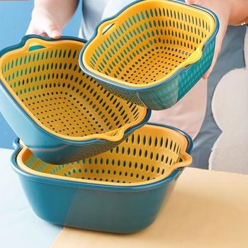 Thickened Double-Layer Drain Basket Multi-Functional Plastic Kitchen Vegetable Washing Basket Vegetable Washing Basin Kitchen Fruit Drain Basket