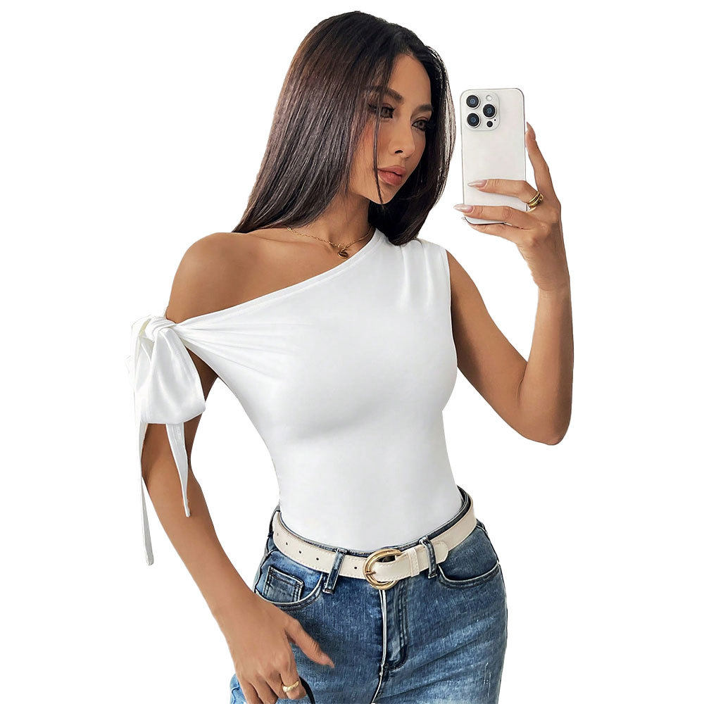 Womens Off Shoulder T Shirt Sexy Asymmetrical Neckline Short Length Unique Design Spring Summer Fashion Wholesale