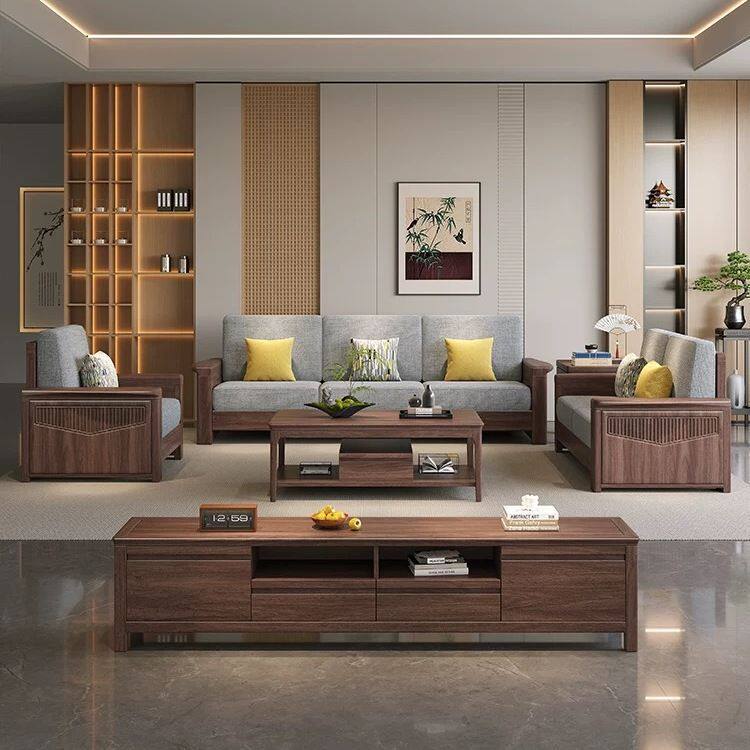 黑胡桃木全实木沙发轻奢新中式转角布艺沙发现代简约客厅实木沙发