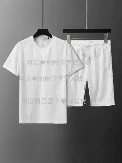25 New Flocking DL Full Print Interior Velcro Short-sleeved T-shirt Trendy Jacquard Loose Casual Shorts Men's and Women's suit