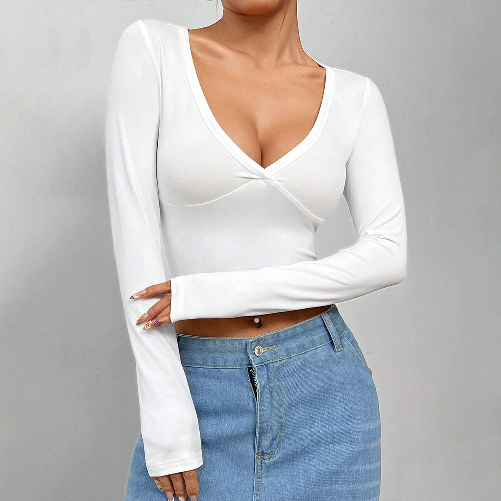 V Neck Long Sleeve Crop Top Solid Color Stylish Design Sexy Fit Spring Summer Womens Fashion Wholesale Available