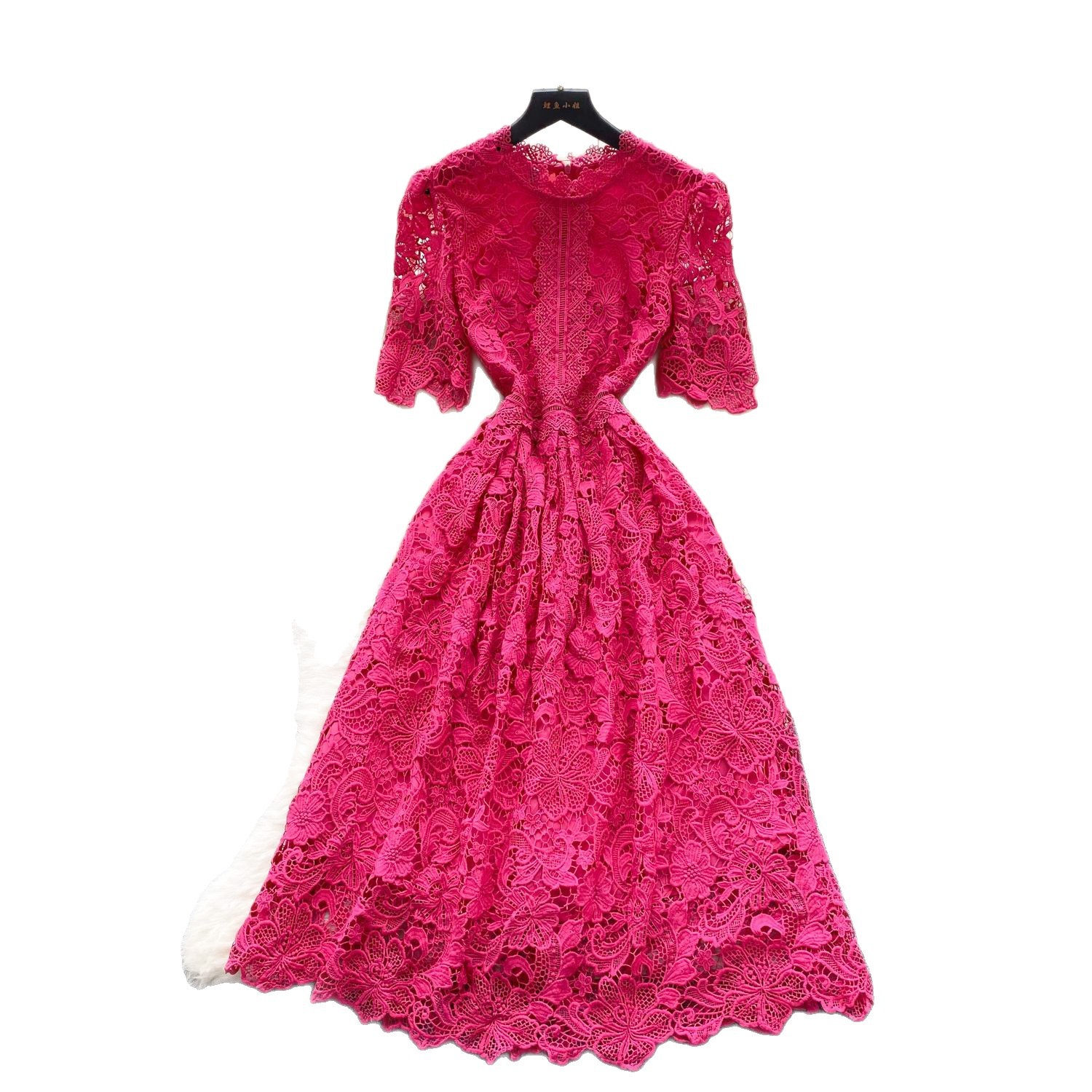 Lace Short Sleeve A Line Dress for Women Elegant Hollow Out Design Summer Cocktail Party Wear