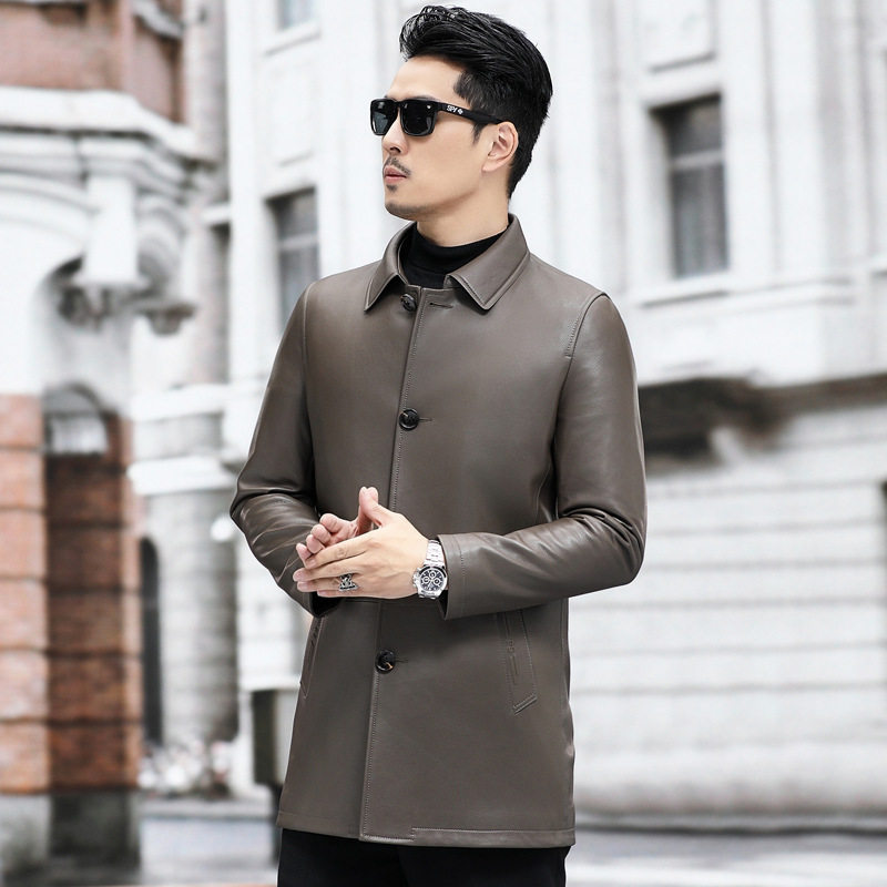 Áo Khoác Da Dài Tay Nam Da Cừu Thật Phong Cách Doanh Nhân Màu Xám