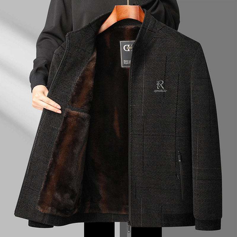 中年男士雪尼尔外套爸爸装春秋季商务休闲爷爷立领中老年夹克上衣