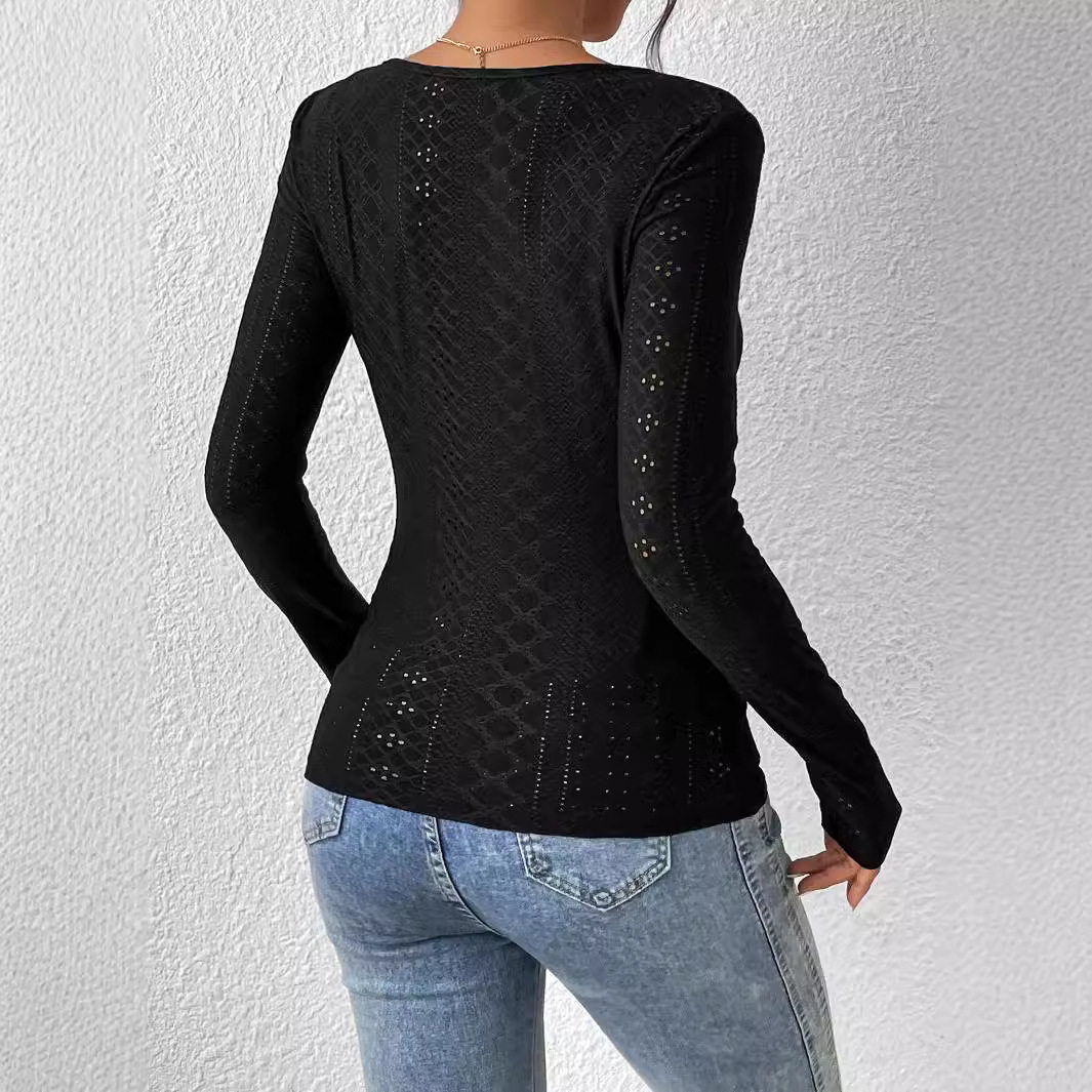 Womens Basic Fashion T Shirt Simple Design Square Neck Long Sleeve Lace Trim Solid Color Spring Summer Wear