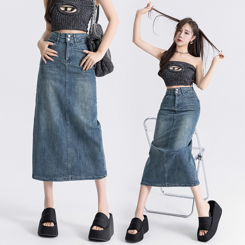 High Waisted Split Denim Midi Skirt A Line Bodycon Fit Spring Autumn Fashion Perfect for Petite Women Wholesale