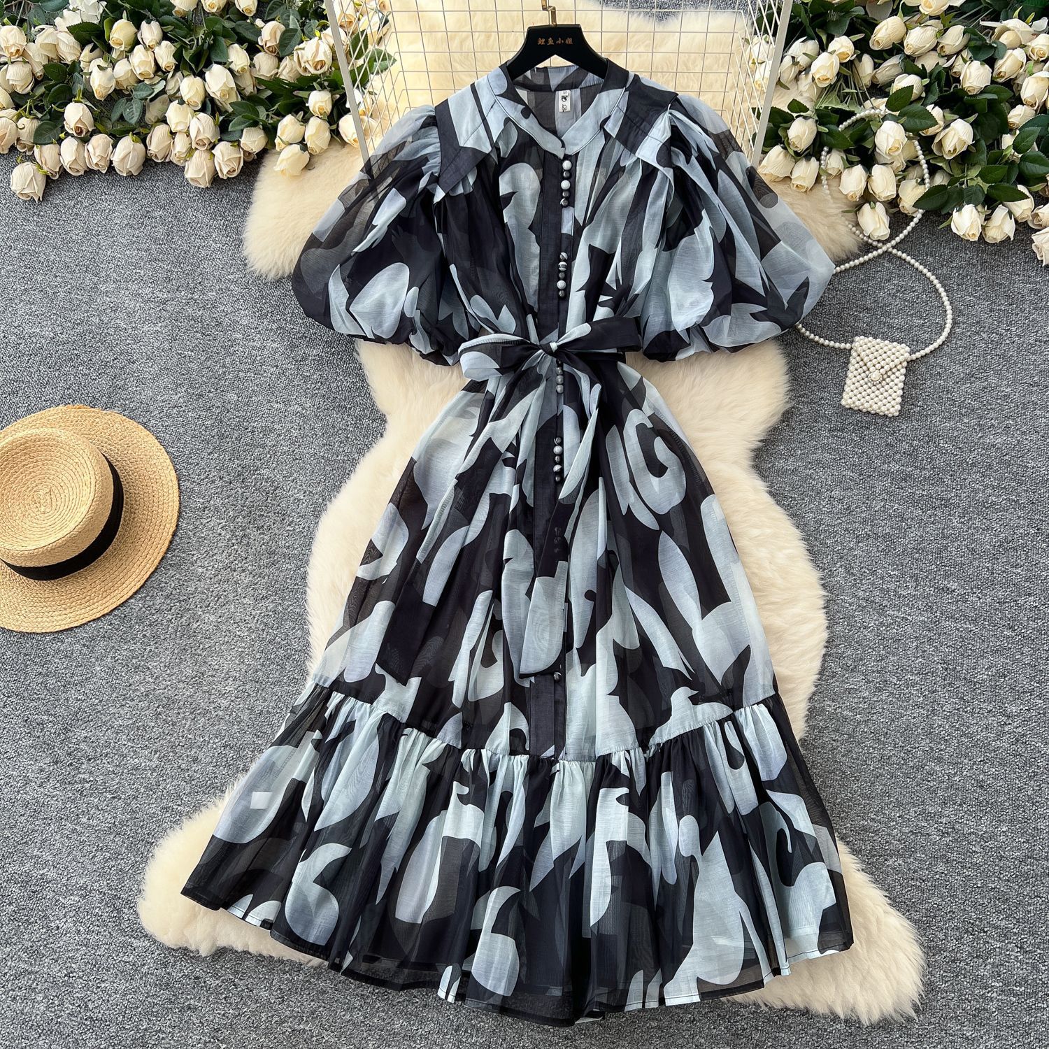 Luxury European Style Printed Puff Sleeve Dress for Women Summer Waist Tie A Line Elegant High Quality Fabric