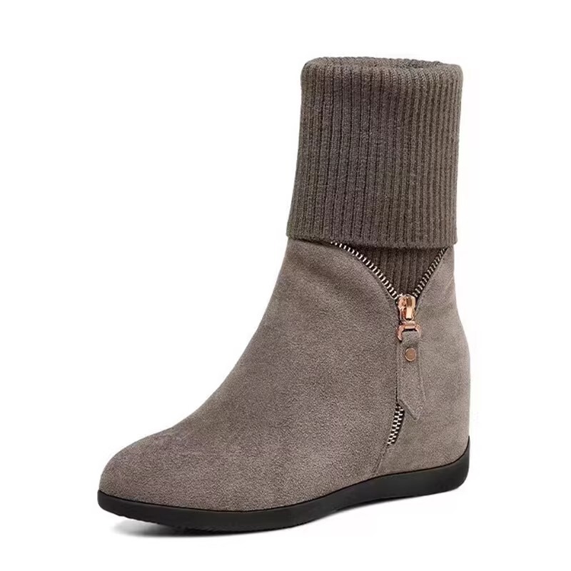 Boot nữ cổ trung gót nêm mũi tròn giữ ấm dáng thanh lịch — màu đen, màu xám