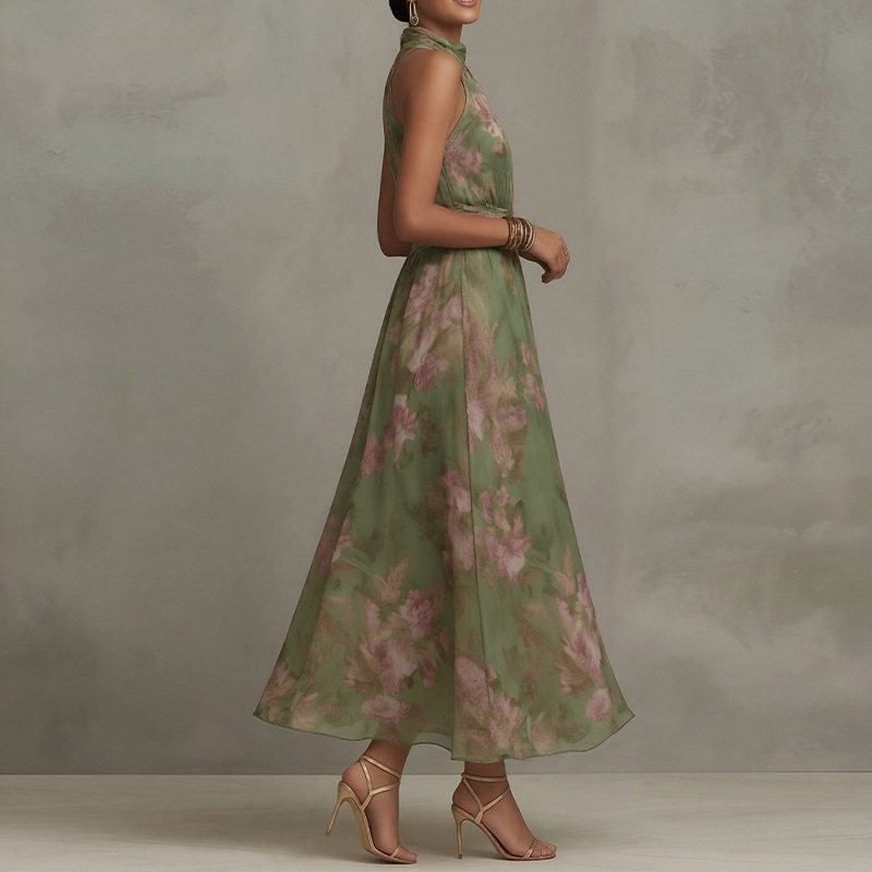 Elegant Floral Print Halter Neck Dress Spring Collection Waist Defining Chic Style Perfect for Parties or Casual