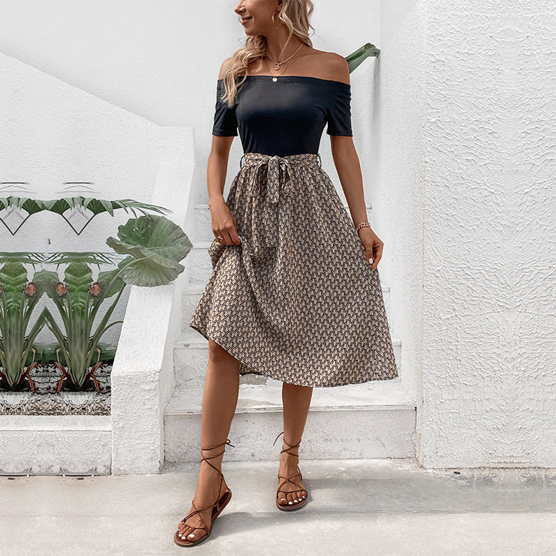 Color Block Off Shoulder Short Sleeve Dress Casual Sexy Vacation Style Available for Wholesale