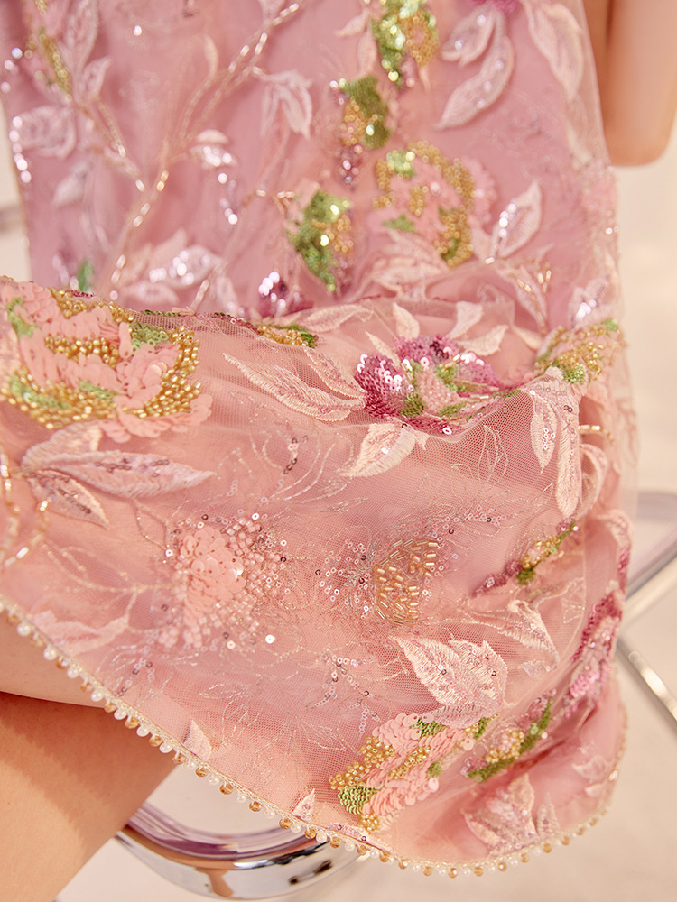 Đầm liền thêu cao cấp không tay dáng chữ A phối sequin lấp lánh — Bột Begonia (giao hàng trong 7 ngày), Bột Begonia (phát hành trong cùng ngày)