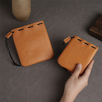 2024 New Drawstring Bag Genuine Leather Coin Purse Retro Top Layer Cowhide Card Coin Storage Small Purse