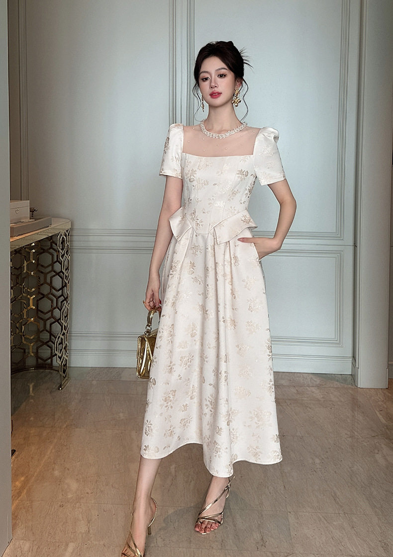 Đầm maxi nữ oversize tay ngắn cổ tròn họa tiết hoa nhí phong cách Pháp — [Màu hồng đào] chi tiết 7